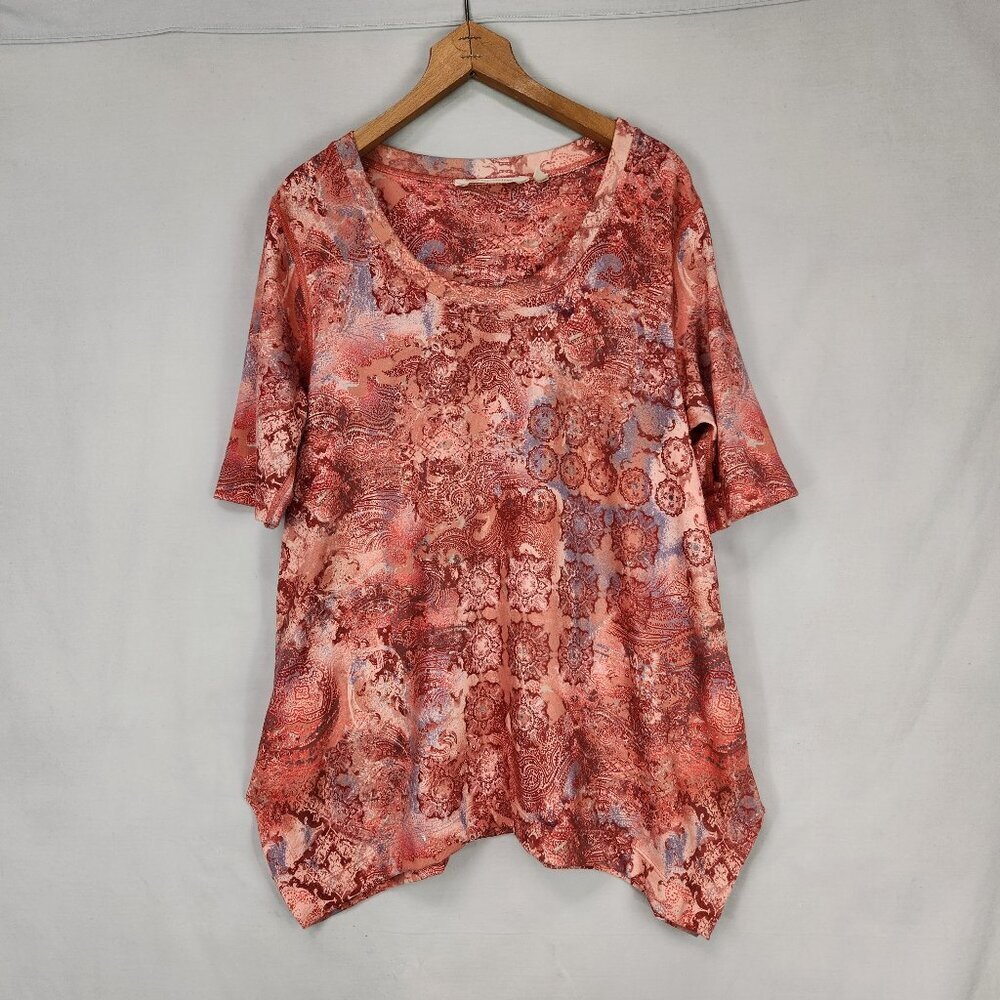 Soft Surroundings Sharkbite Tunic Women's Petite Med Orange Artsy Print Tee